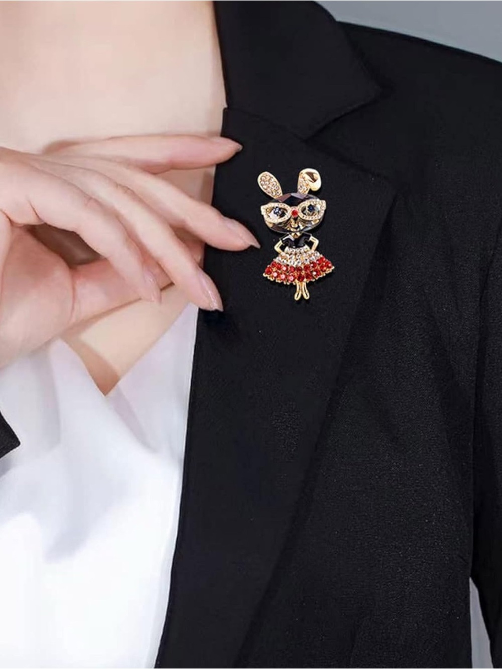 NEW! Cute Crystal Bunny Brooch Pin in Red, Black & Gold with Glasses - Picture 3 of 6